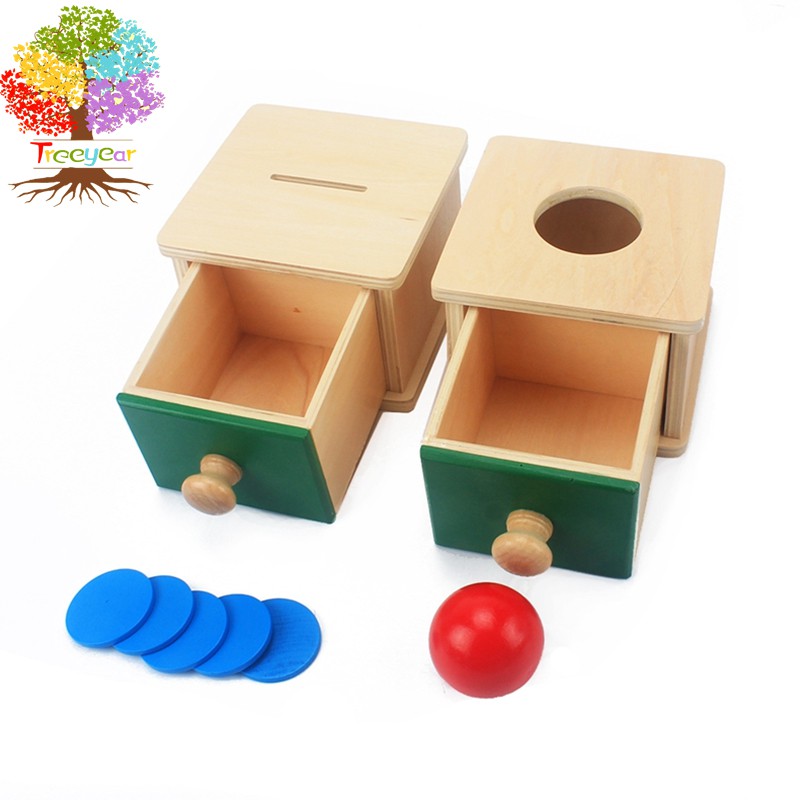 montessori object permanence box with tray and ball