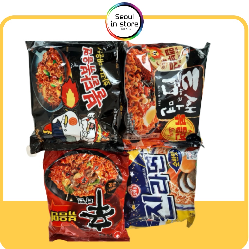 Shin Ramyun Fried Noodles, Jin Ramen is mild, Buldak stirfried noodles, Teumsae ramen Package