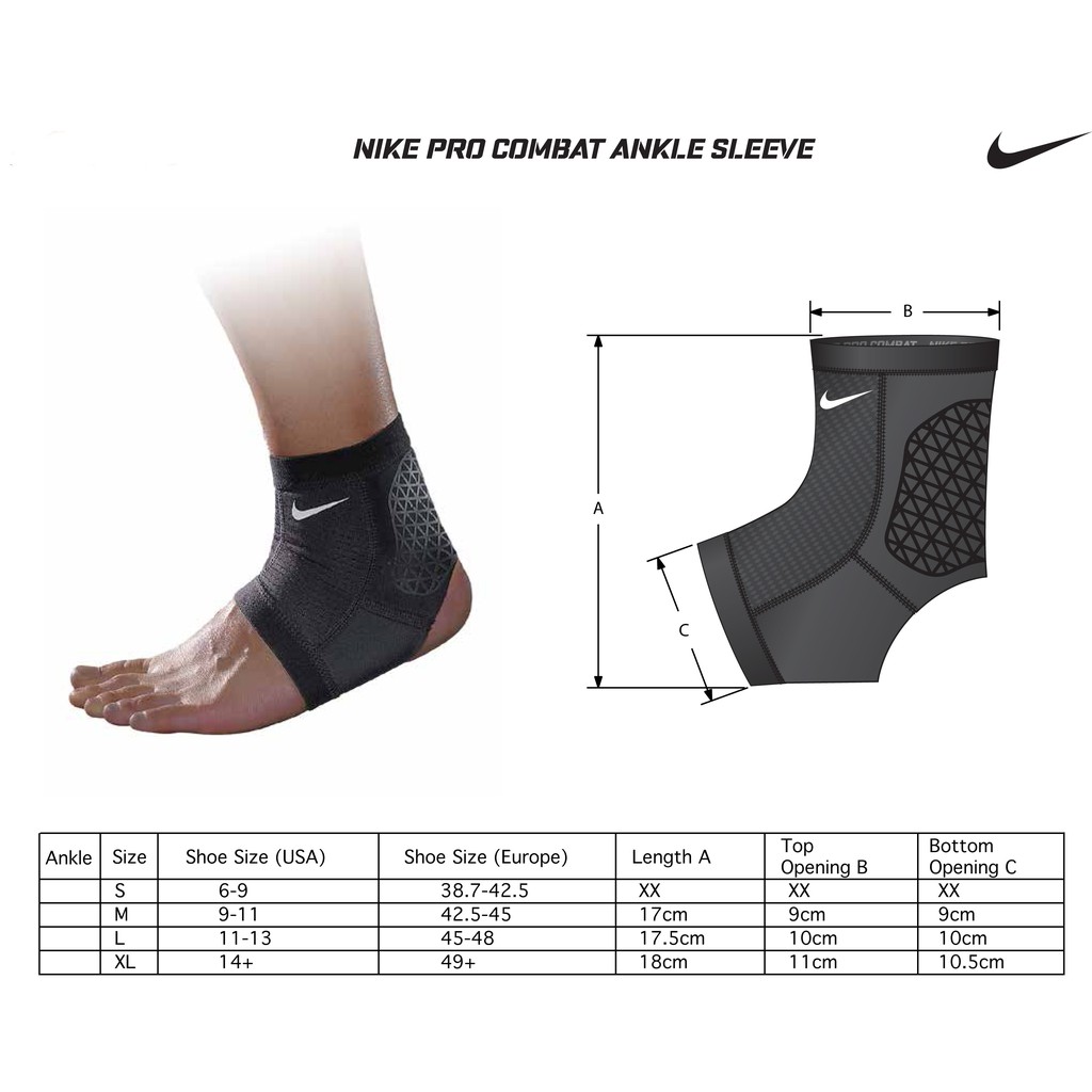 nike pro combat ankle sleeve 2.0 size chart