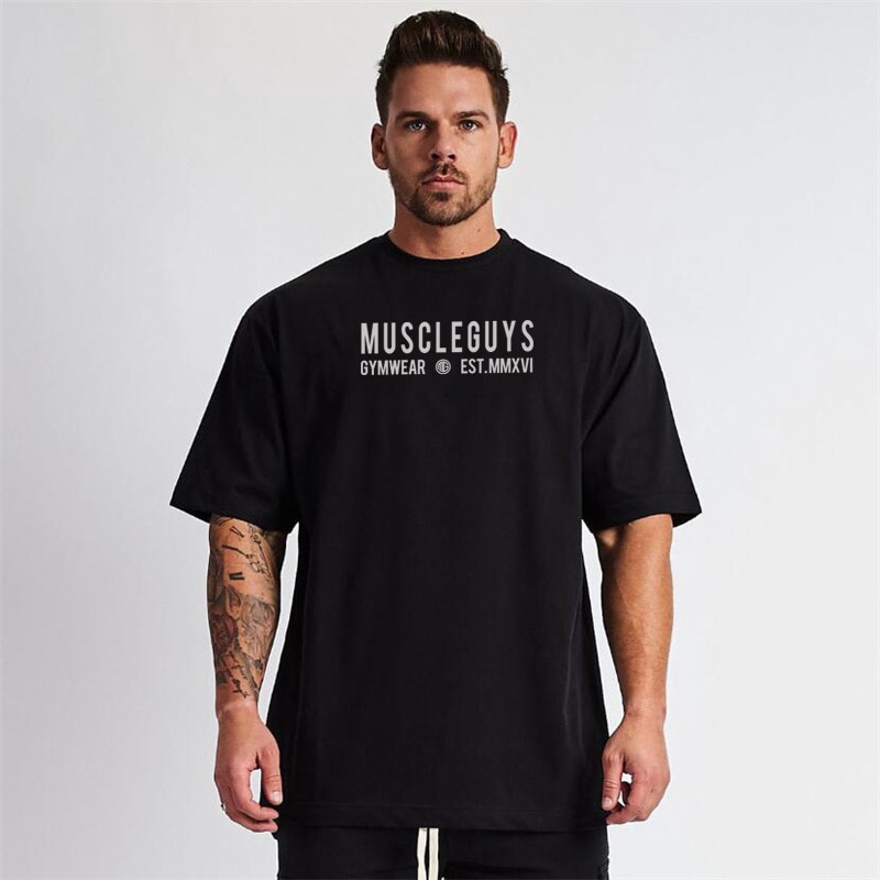 Muscleguys Brand Oversized T Shirt Men Dropped Shoulder Short Sleeve 