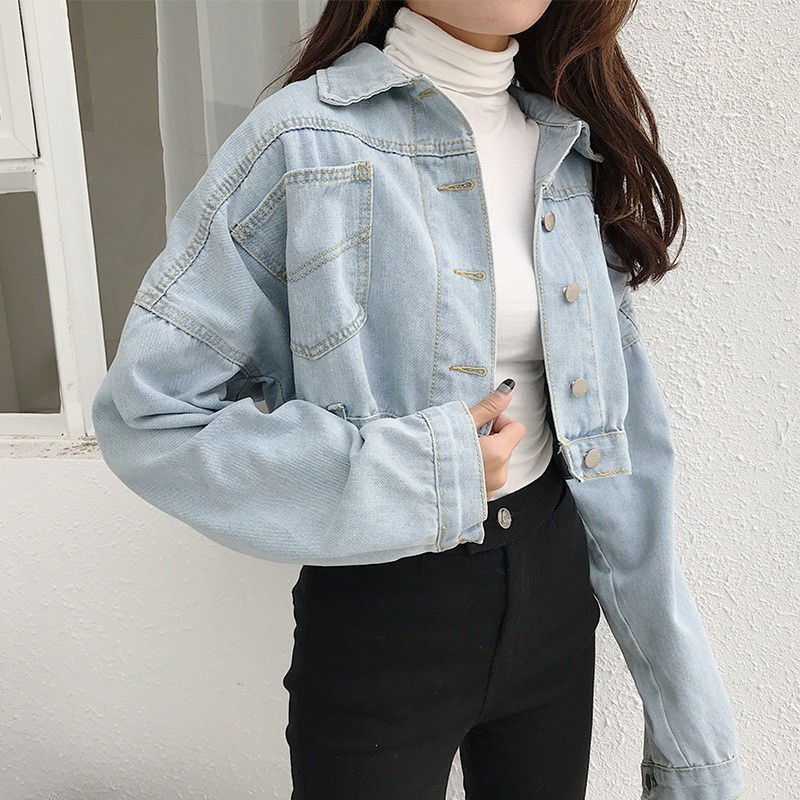 Women Vintage Denim Jacket Cropped Short Jeans Jacket Loose Jeans