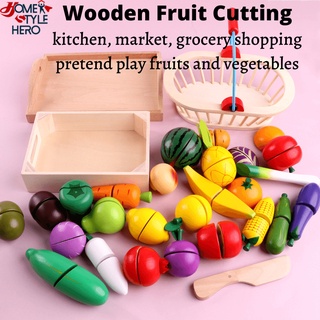 [SG Stock] Wooden Fruit Vegetables Chopping Kitchen Toys Velcro Market Pretend Play Cutting Game Kids Educational Gift