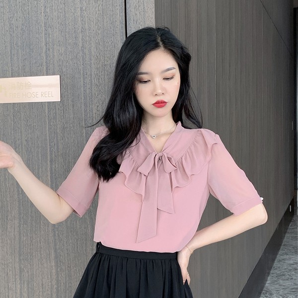 Korean Cute Pink Chiffon Ruffle Blouses Women Summer Short Sleeve