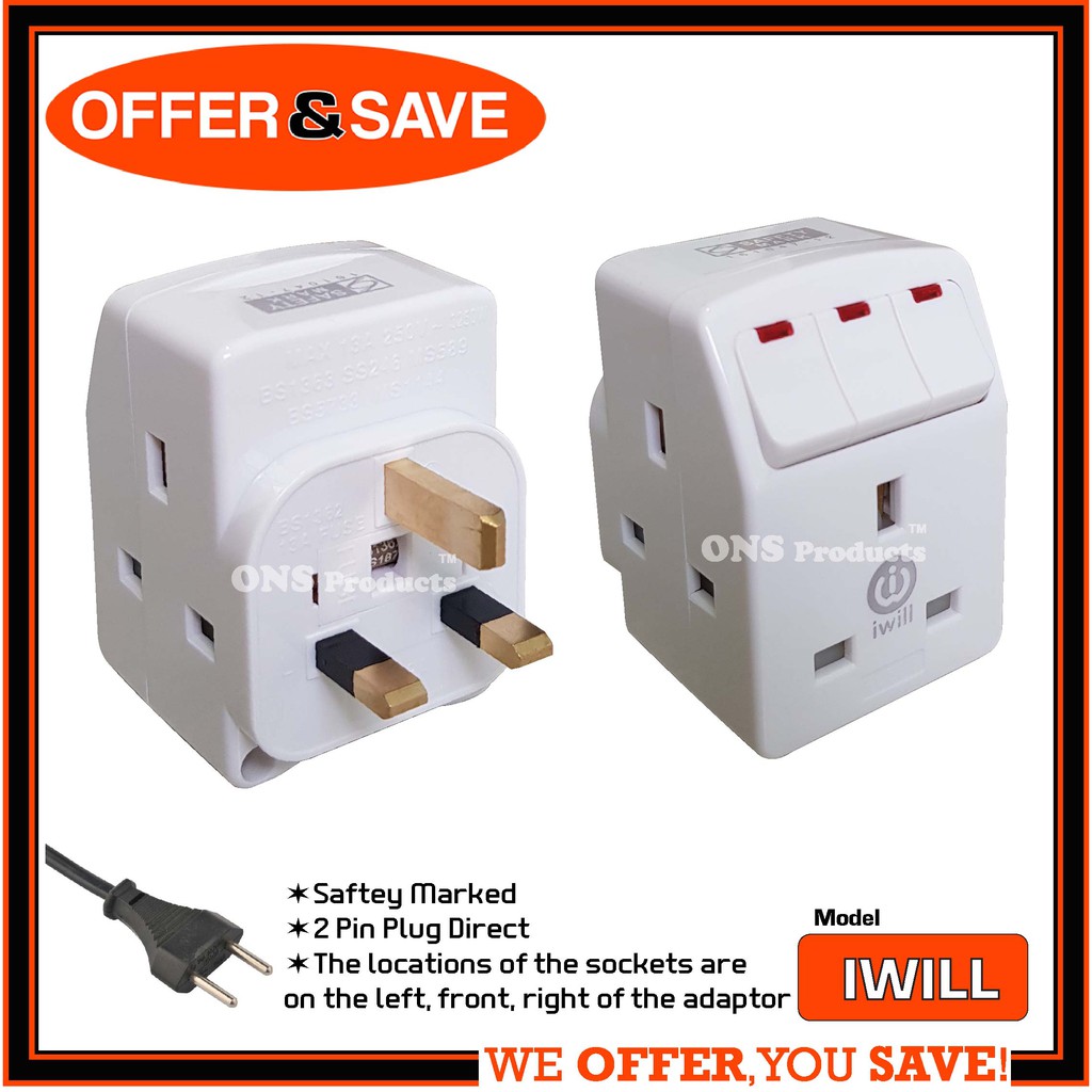 3 Way Multi Adaptor / Plug / 2 Pin Direct / With Neon Indicator