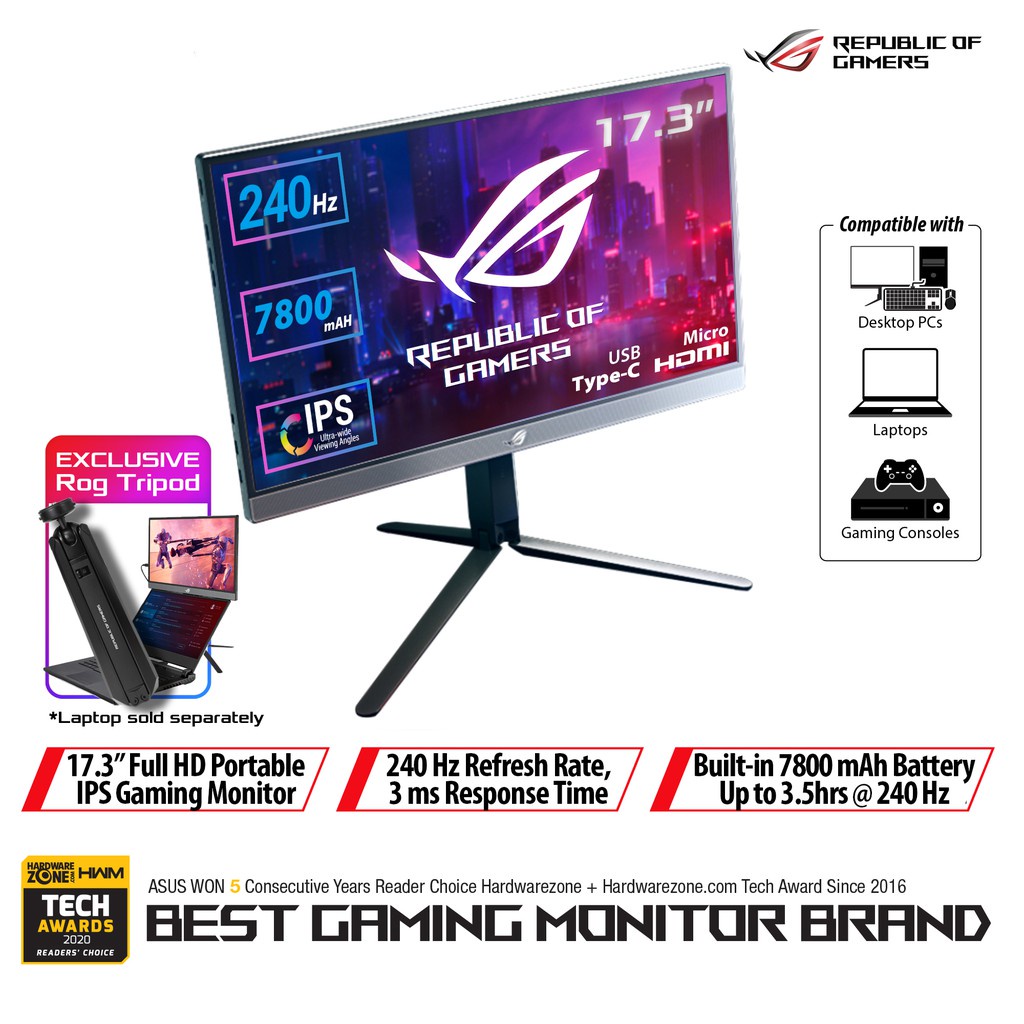 Asus Rog Strix Xg17ahp Portable Usb Type C Gaming Monitor 17 3 Inch Ips Fhd Fullhd 19x1080 240hz Above 144hz Shopee Singapore