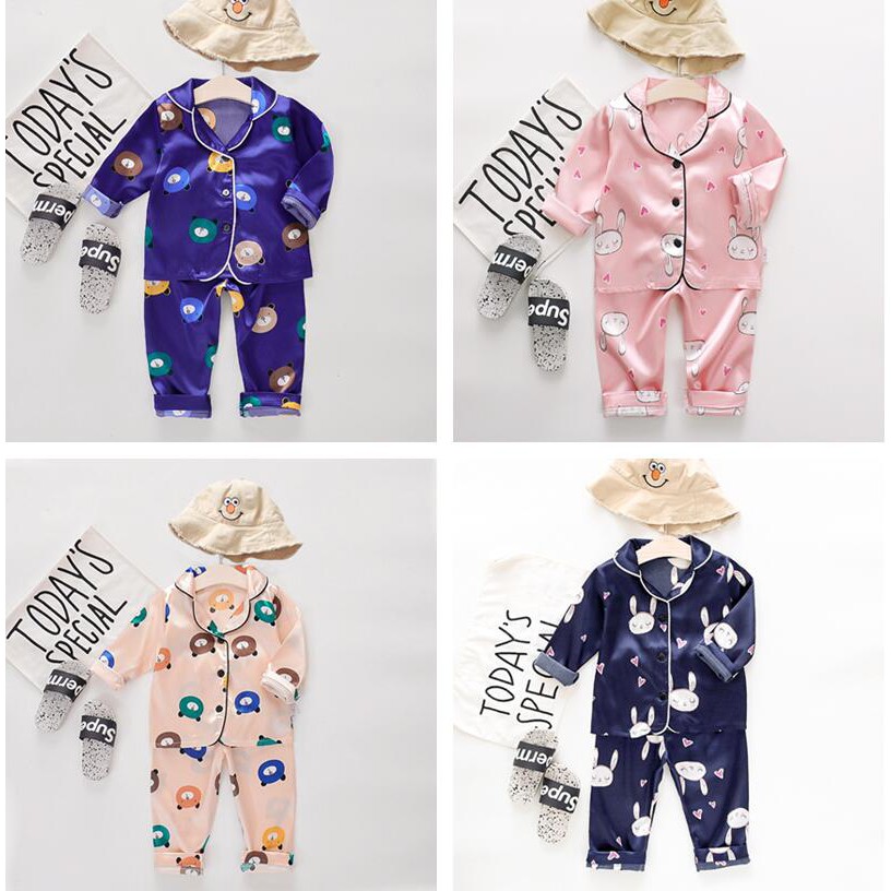 Silk Kids Pajamas Set Long Sleeve Tops+Pants Boys Girls Sleepwear