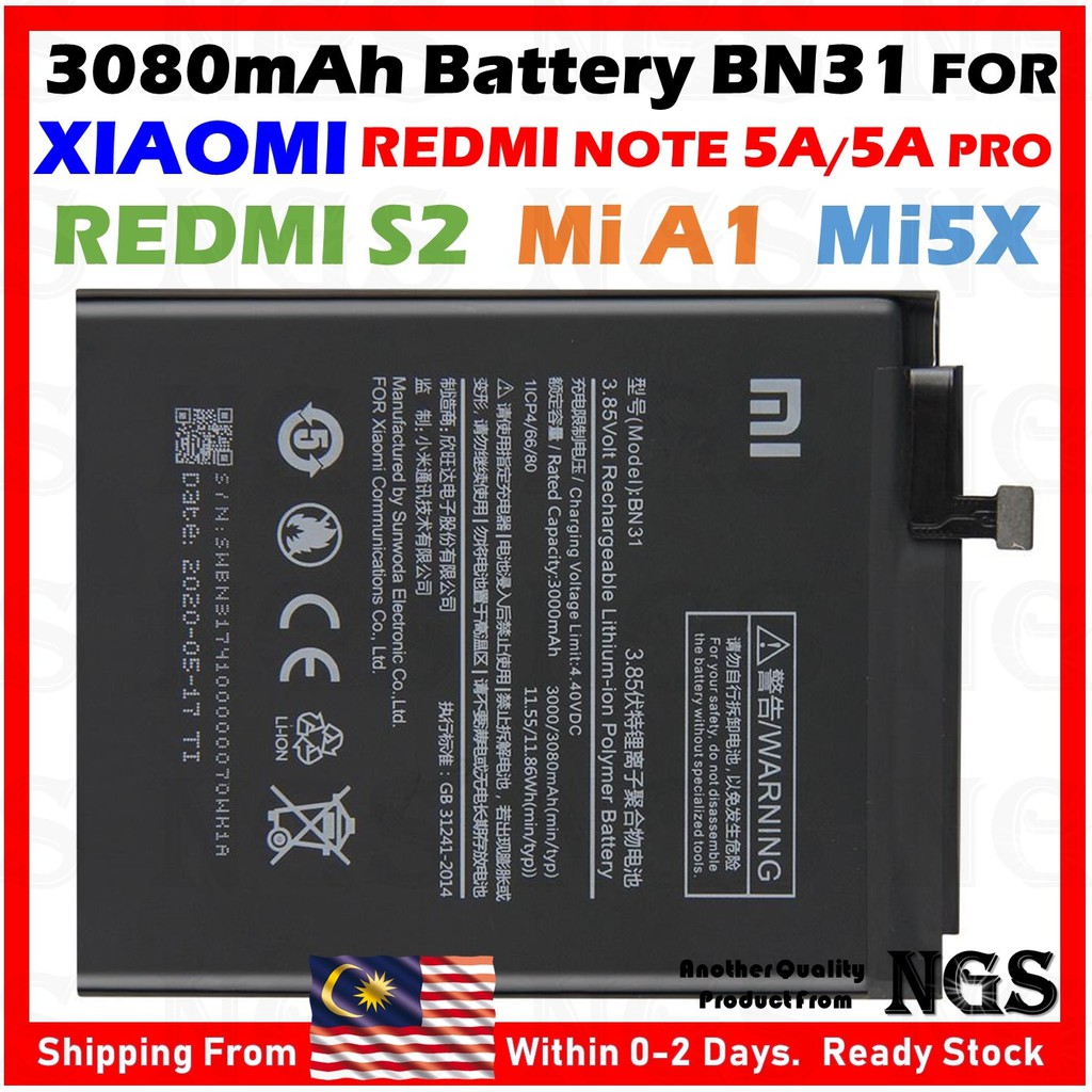 Shop Malaysia Original 3080mah Battery Bn31 For Xiaomi Mi A1 Mia1 Mi 5x Mi5x Redmi S2 Redmi Note 5a Prime With Opening Tools Shopee Singapore
