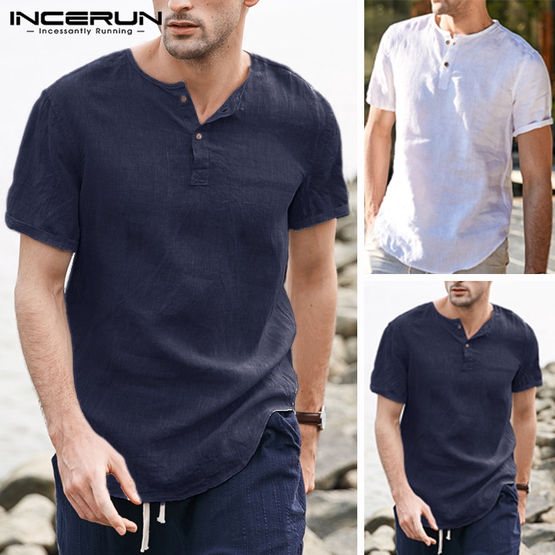 Men Casual Retro Shirts Retro Linen V Neck Short Sleeve Cool Shirts Kemeja Lengan Pendek Lelaki Baju Casual Lelaki Shopee Singapore