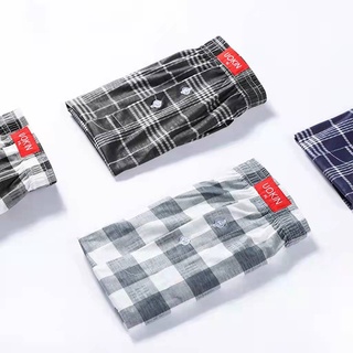 Image of Trendy Men's Boxer Mid-Waist Thin Style Breathable Large Size Arrow Pants Home Loose Briefs Classic Plaid Printing High Elastic Dark Rib Belt Simple Button Design