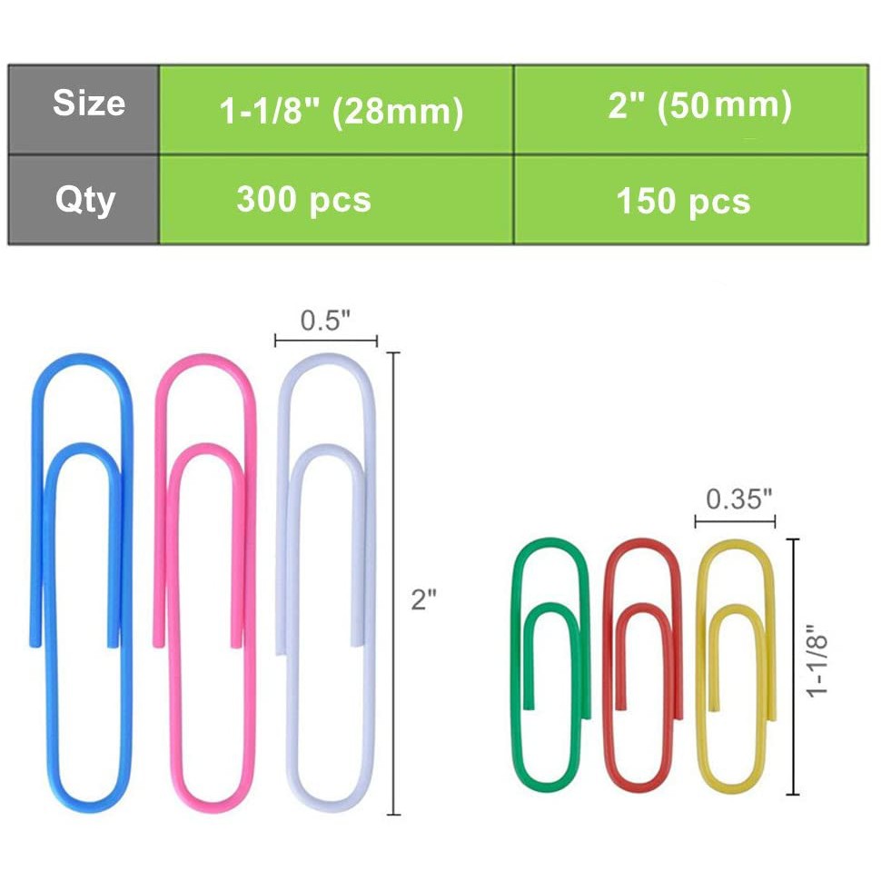 Yoohey 28mm/11in and 50mm/19in Size Colored Paper Clips 450pcs 