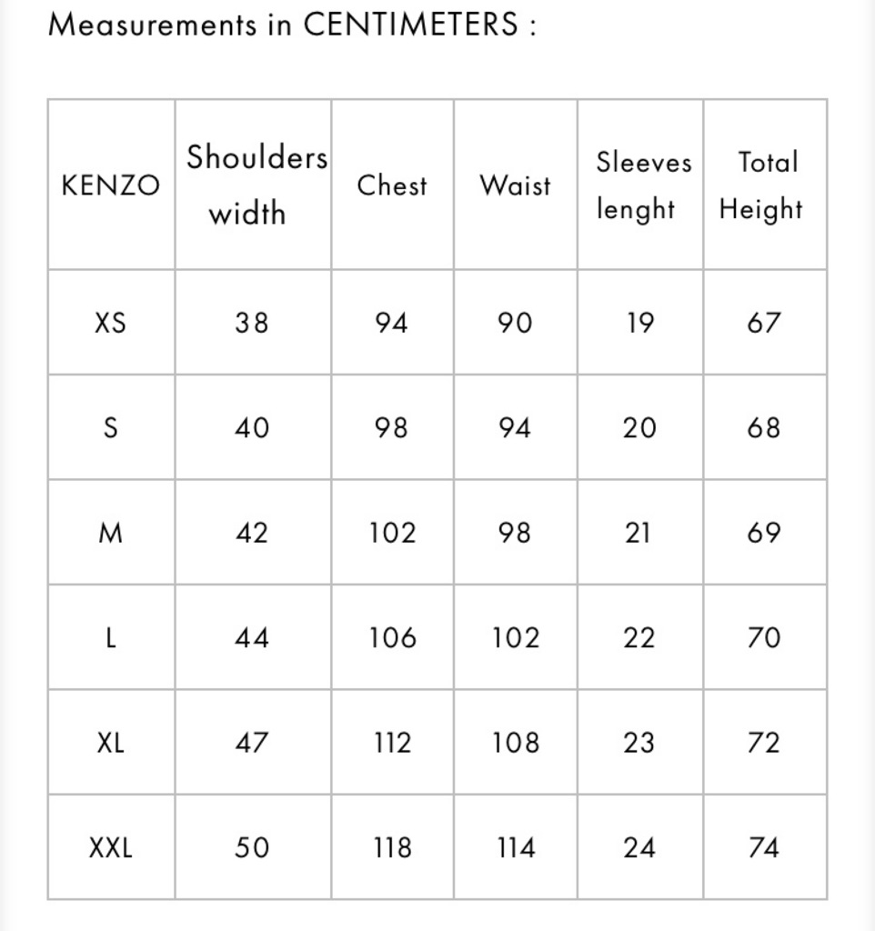Kenzo Size Chart | ubicaciondepersonas.cdmx.gob.mx
