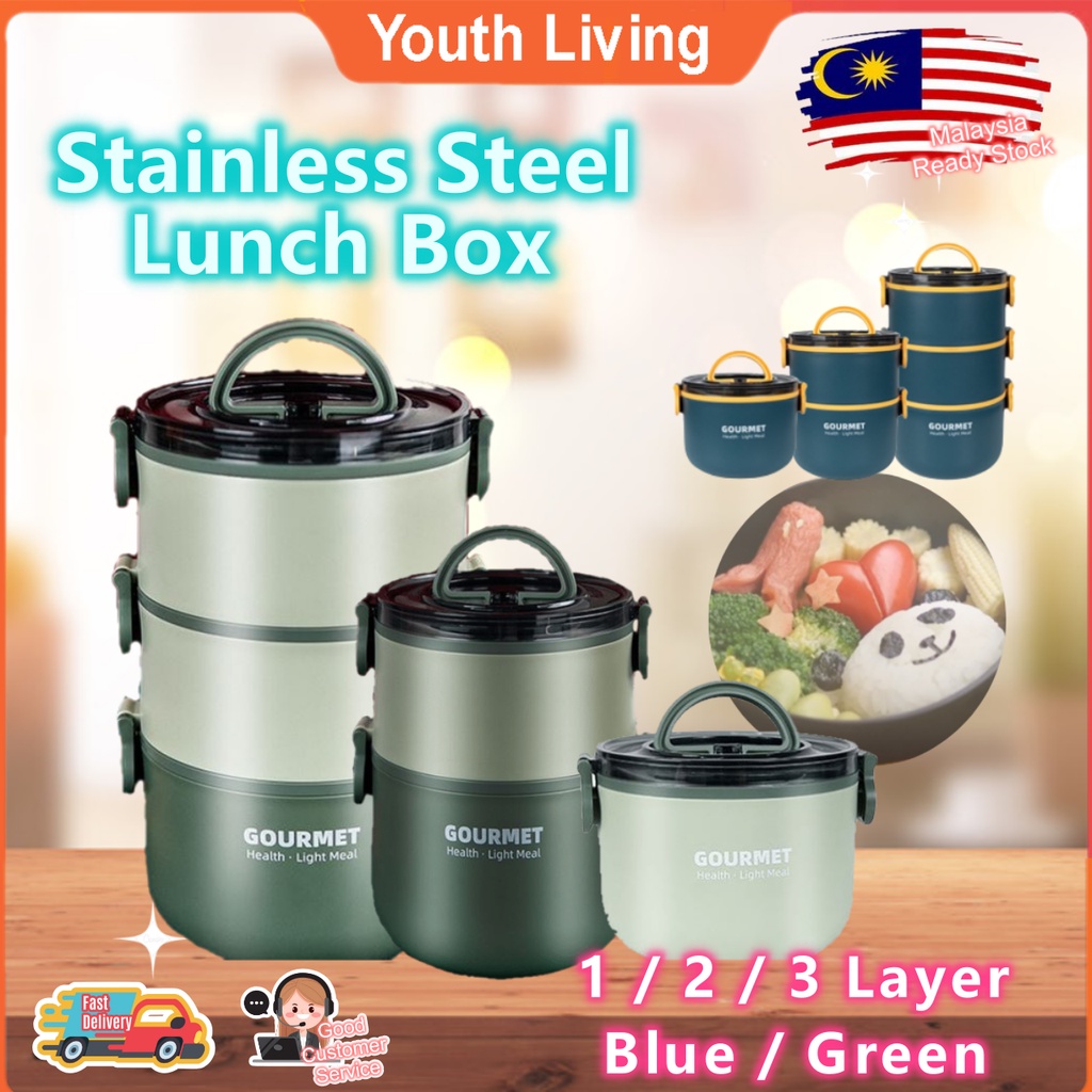 Lunch Box Stainless Steel Bekas Makanan Round Single Double Three layer