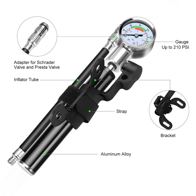 Portable Bicycle High-Pressure Hand Air Pump with Gauge Bike Glueless Puncture Tire Repair Tool Kit Fits Presta Schrader Valves