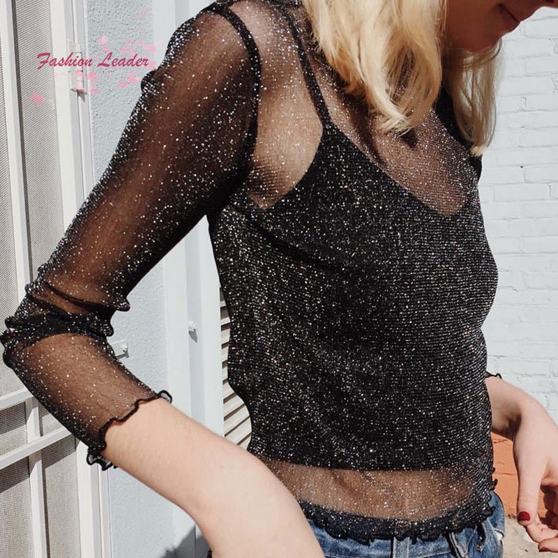 black glitter mesh top