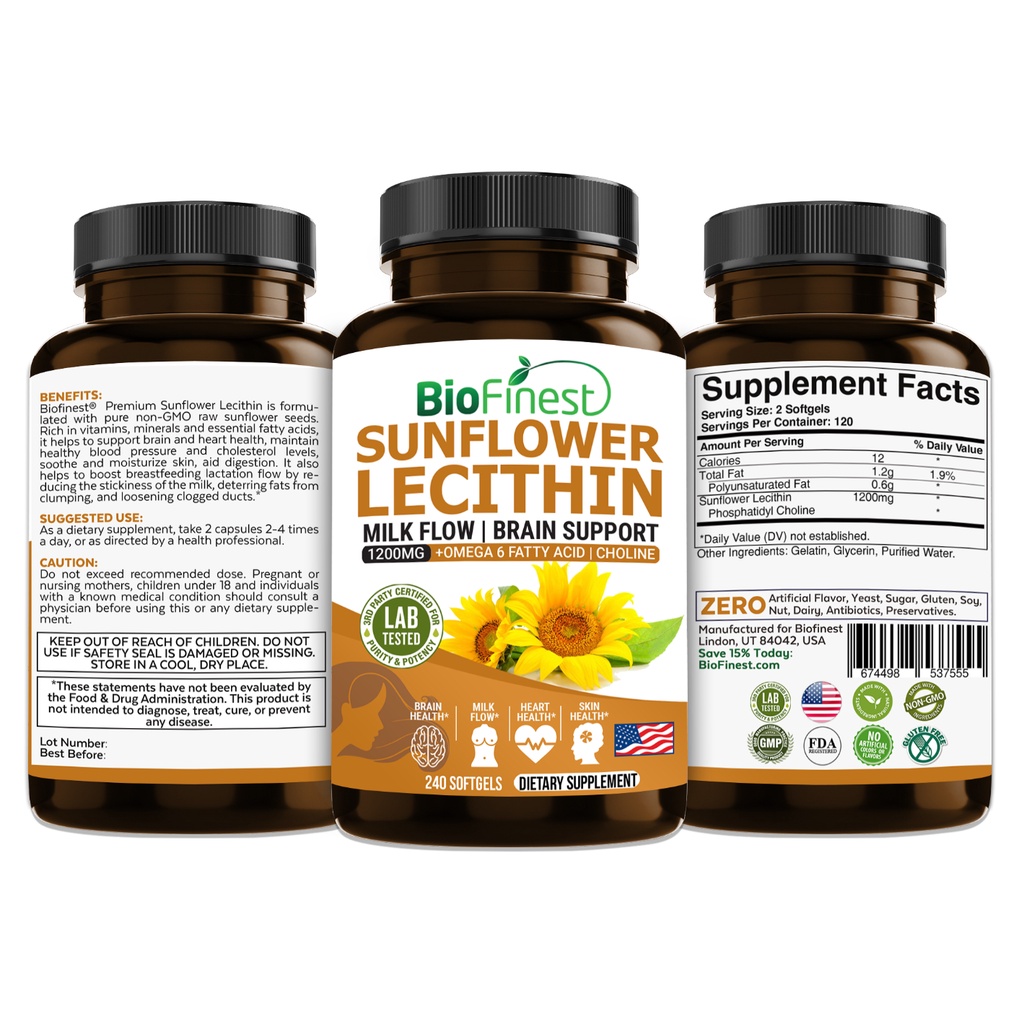 Biofinest Sunflower Lecithin 1200mg Omega 6 Breastfeeding Lactation Milk Flow Reduce Clogged