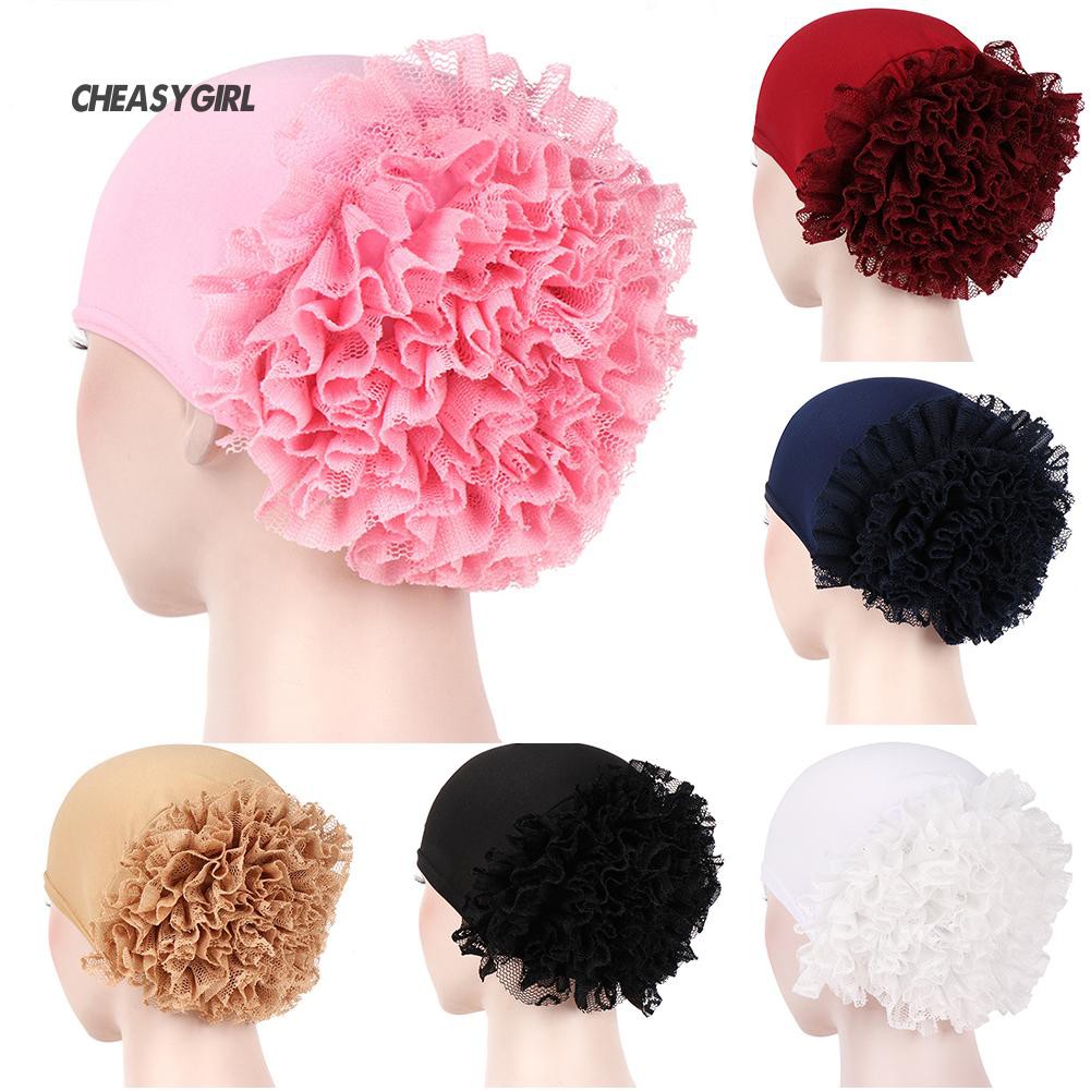 Cg Solid Color Lace Flower Women Muslim Hijab Turban Arabic Head Scarf Cap Hat Shopee Singapore