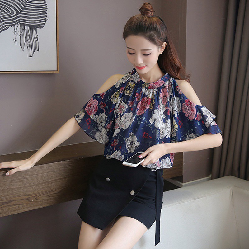  Korean  Petal Sleeve Blouse  Halter O neck Tops  Floral Print 