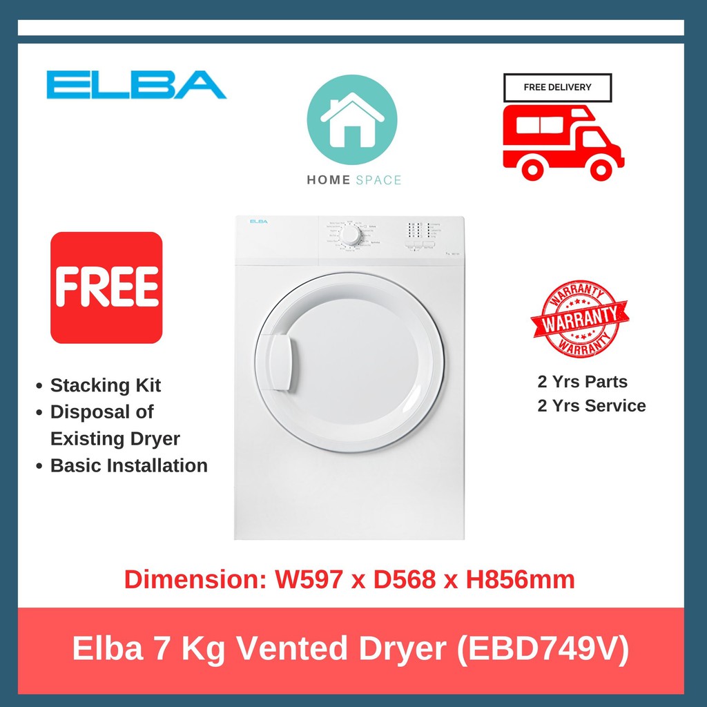 Elba 7Kg Vented Dryer (EBD749V) + FREE Stacking Kit Shopee Singapore