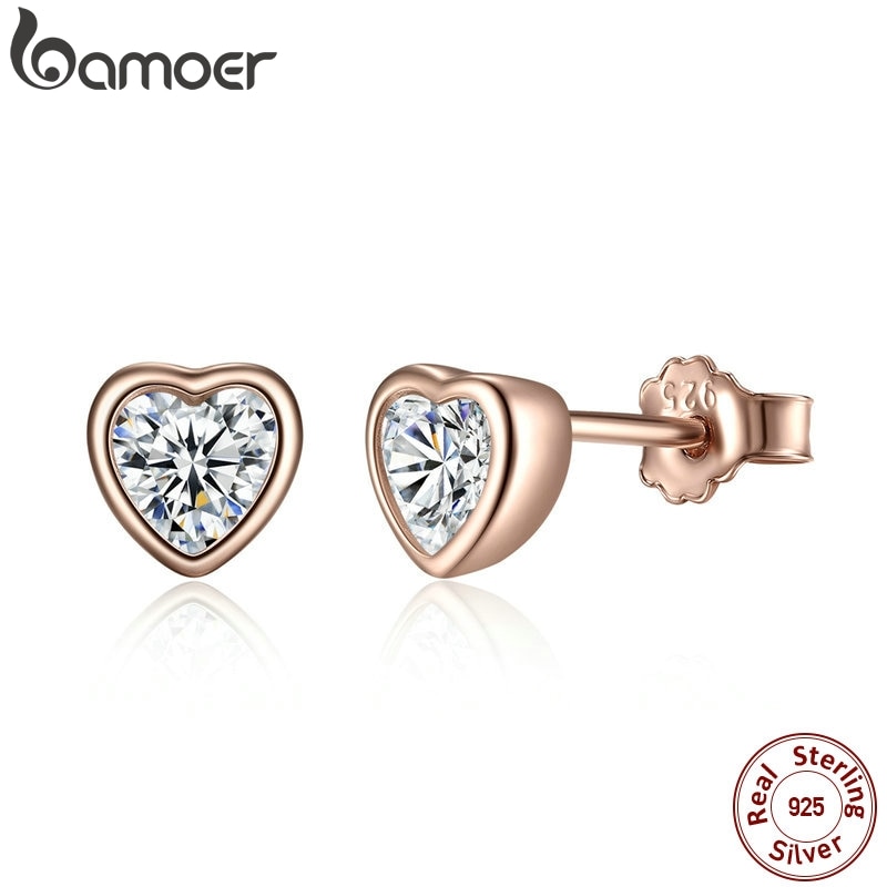 Bamoer Women S925 Sterling Silver Rose Gold Heart Stud Earrings With AAA CZ 