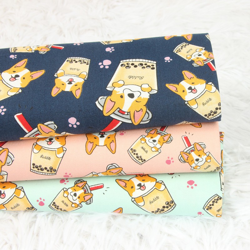 Taiwan Thick Cotton Cloth Cute Animal Milk Tea Corgi Dog Print Fabric Handmade Diy Gold Bag Fabric Shopee Singapore