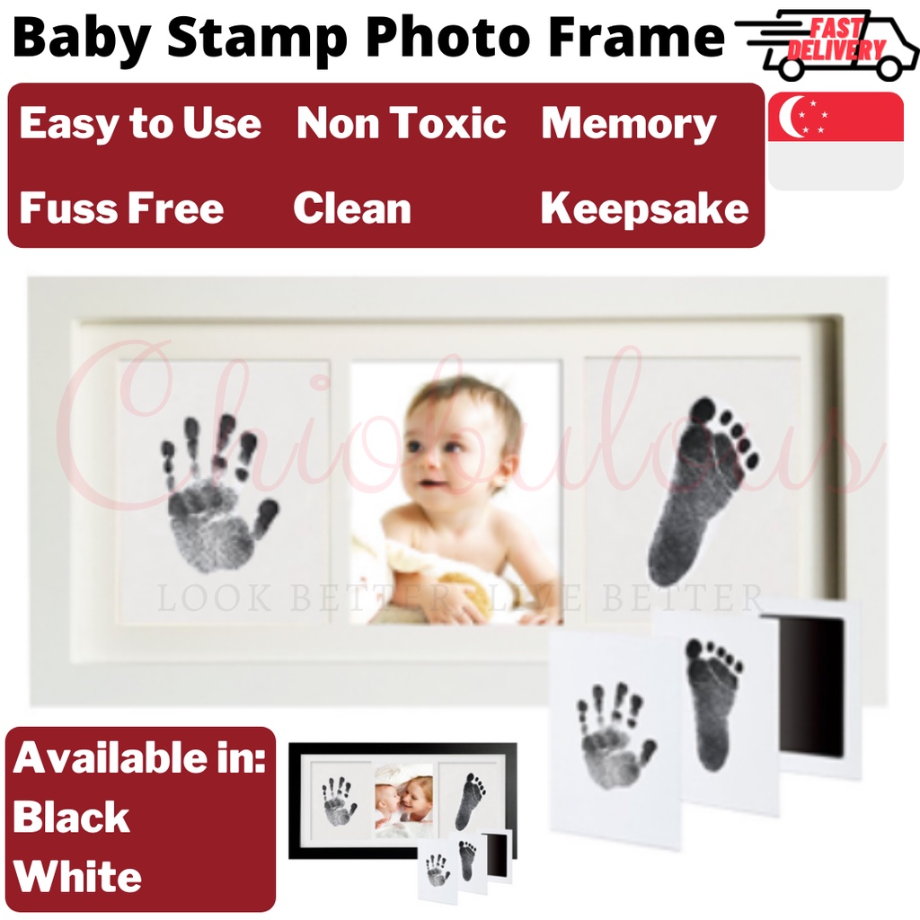 Baby Handprint Footprint Photo Frame No Ink Pad Inkless Infant Print Hand & Foot Stamp Newborn Pet Black White Keepsake