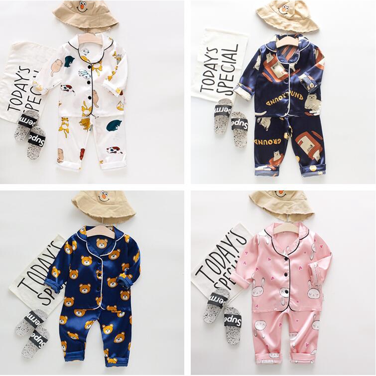 Silk Kids Pajamas Set Long Sleeve Tops+Pants Boys Girls Sleepwear