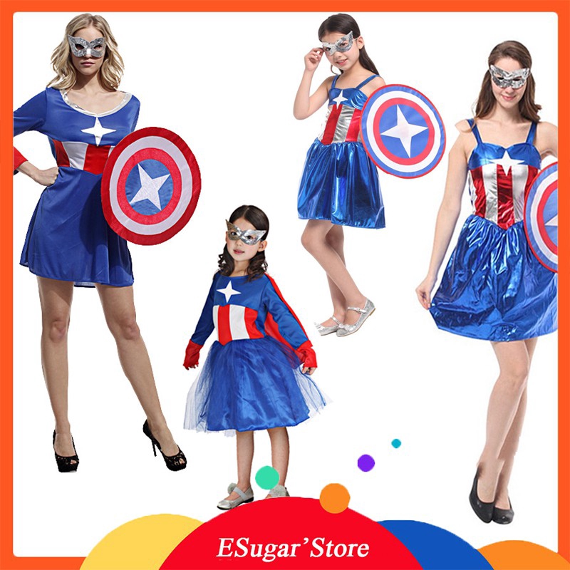 Ladies Kids Girls Captain America Cosplay Costume Super Hero Woman Fancy Sling Dress Ee Singapore - Captain America Cosplay Diy