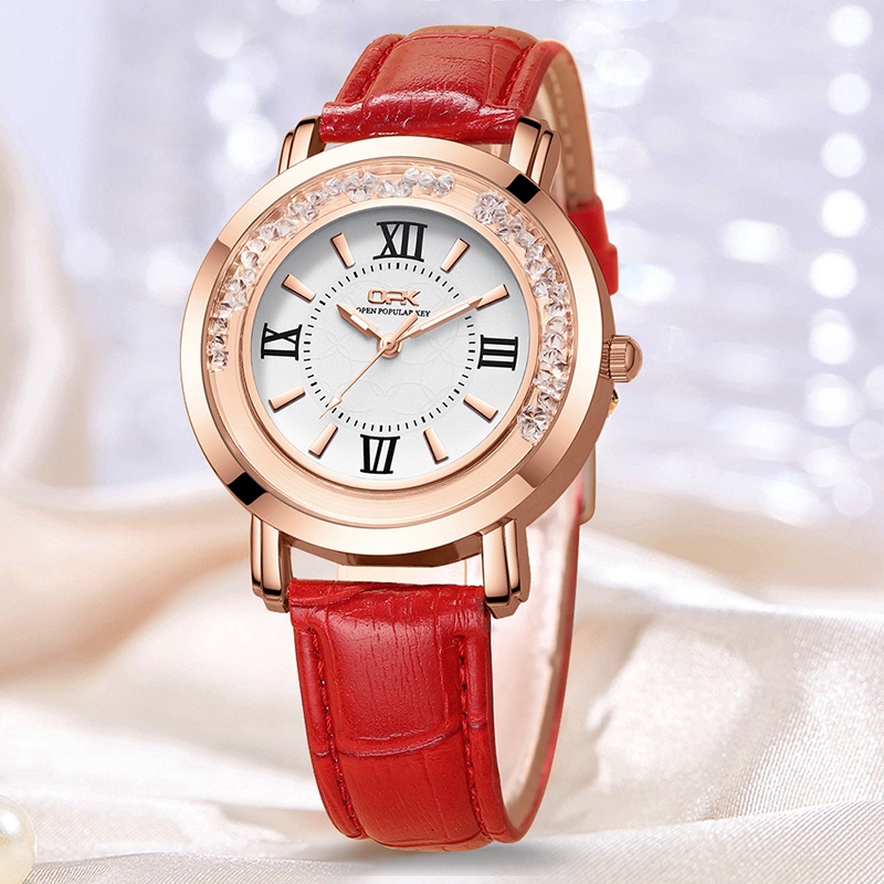 Opk Jam Tangan Perempuan Wanita Murah Girl Ladies Watch Women Waterproof Leather Strap Genuine Original Quartz Small Dial Luminous Flowing Rhinestone Trend Design Shopee Singapore