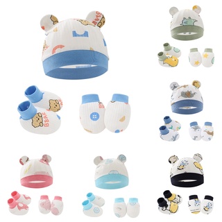 3pcs/Set Infant Safety Accessories Anti-scratch Mittens + Booties+ Cap Cute Double Ear Newborn Baby