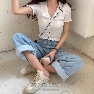 Image of Xiaozhainv women clothes Knitted V Collar Short sleeve White Top t shirt t-shirts