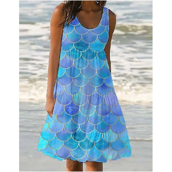 Image of Women's Shift Dress Knee Length Dress Blue Sleeveless Print Color Block Pocket Print Spring Summer U Neck Casual Vacation #0