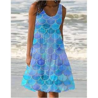 Image of thu nhỏ Women's Shift Dress Knee Length Dress Blue Sleeveless Print Color Block Pocket Print Spring Summer U Neck Casual Vacation #0
