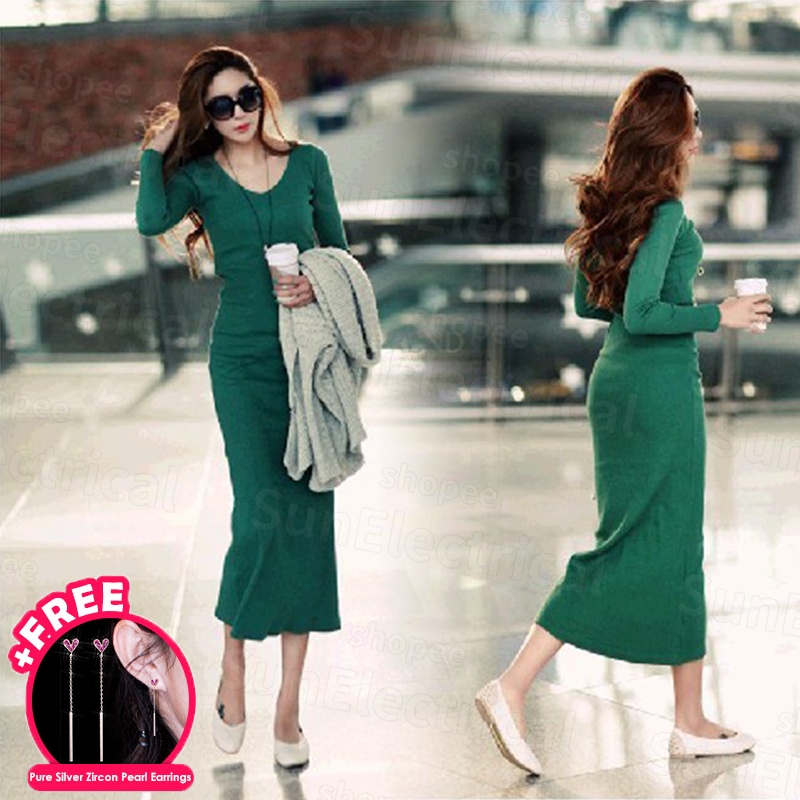 Korean Womens Basic Bodycon Solid Slim Fit Long Sleeve Ribbed Knit Dress Tight Elastic O Neck Midi Sexy Dress Large Size Shopee Singapore