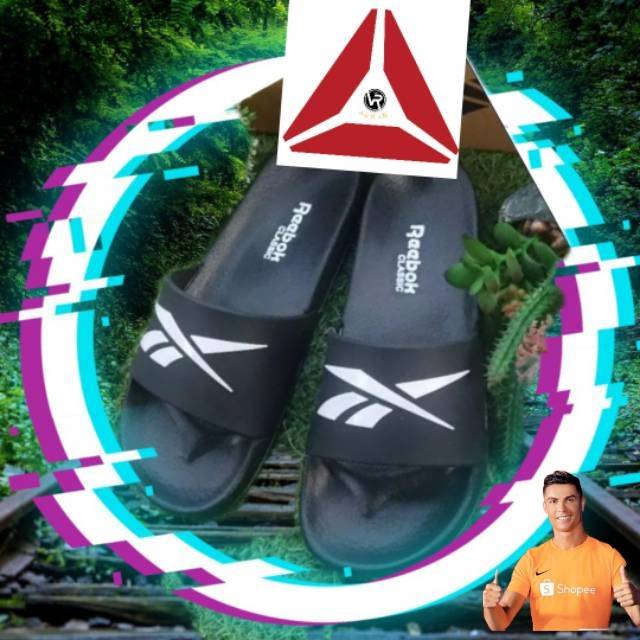  SANDAL  REEBOK  FLIP FLOP SLIDE SLIP ON FULL BLACK SENDAL 