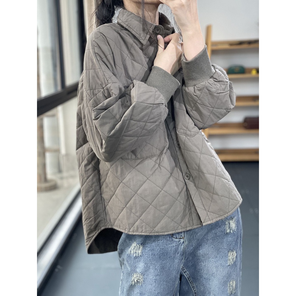 Image of 2022 Autumn Winter New Style Lapel Solid Color Pressed Cotton Loose Long-Sleeved Thickened Quilted Coat Women's #1