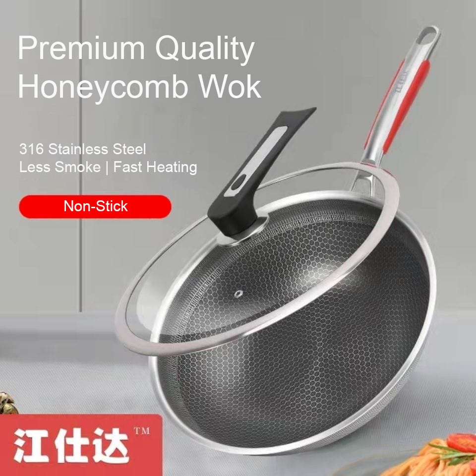 Non-Stick Double Honeycomb Stainless Steel Wok,Non-Stick Hand And Scratch-Resistant Cooking Pans Compatible With Induction Cooker 12 Inches Stainless Steel Wok 