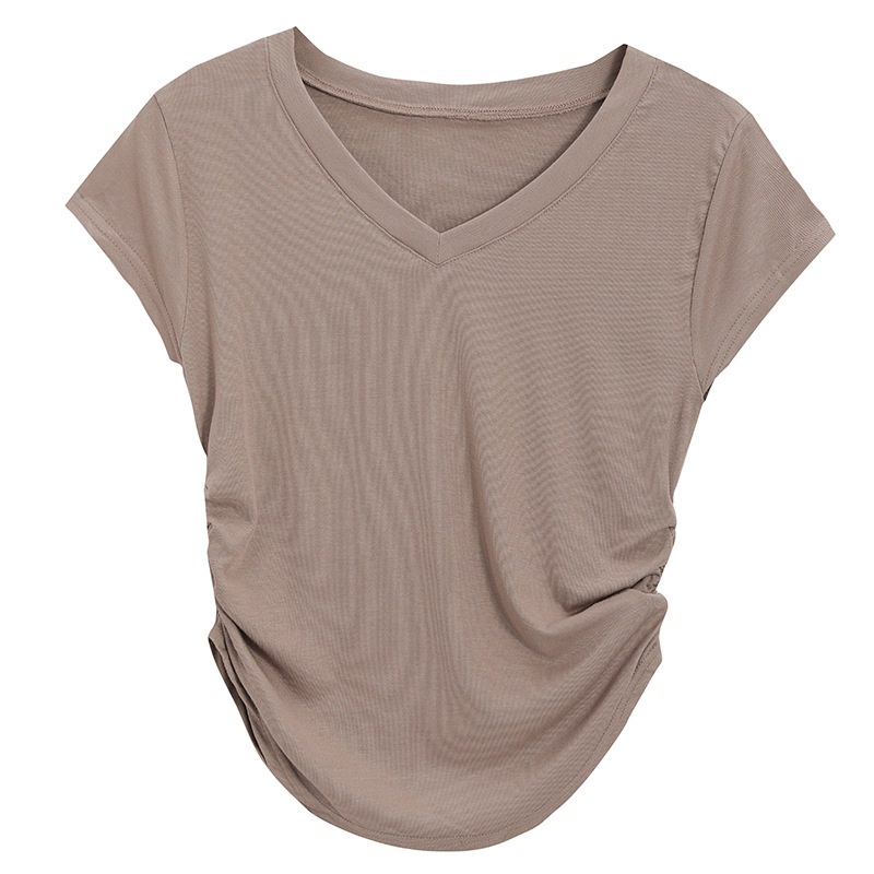 Image of Pure cotton slim fit solid color v-neck short-sleeved T-shirt crop top #8