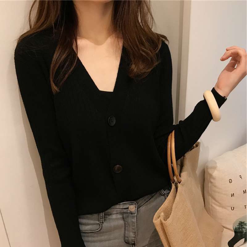 Image of Spring Autumn Short V-Neck Knitted Long-Sleeved Cardigan Hong Kong Style Vintage Fashion Versatile Sweater Casual Solid Color Outer Girls Clothing Genuine Korean Must-Have #2