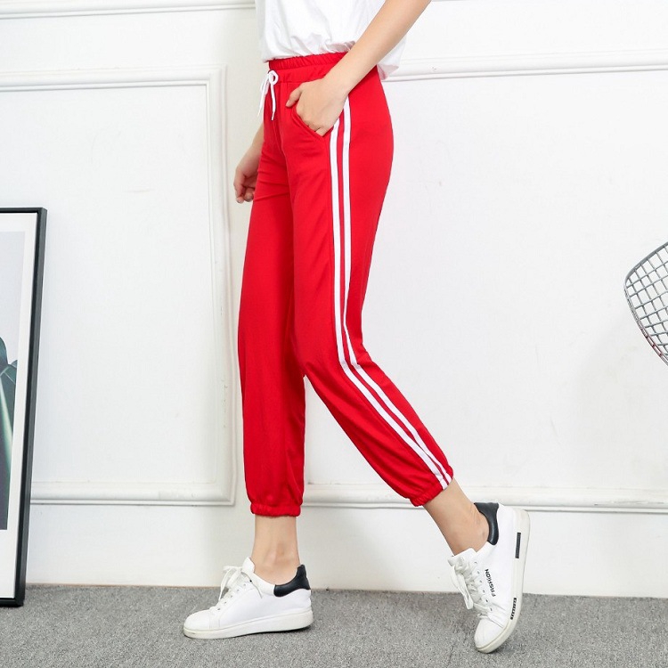 womens red joggers with white stripe