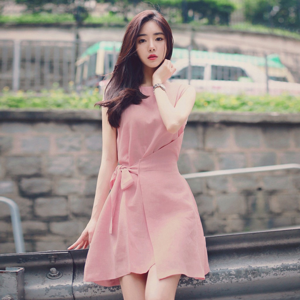 Korean Lady Pink Sleeveless Bowknot Bow ...