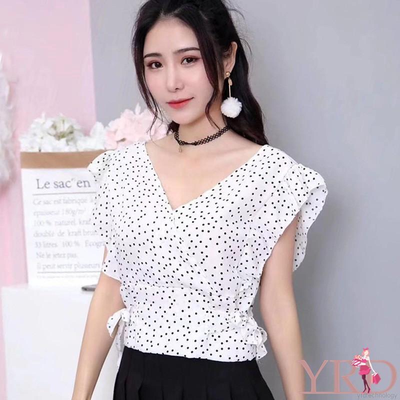  Korean  Style  Women Dot Print V Neck Short Sleeve Chiffon 