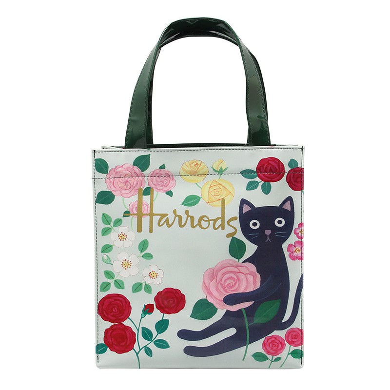 cute lazy cat and floral print harrods style PVC shopping shoulder bags | Shopee Singapore