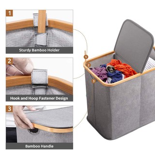 Double Lid Laundry Basket Bamboo Frame Two Compartments Large Capacity Foldable  [SG Seller] #3