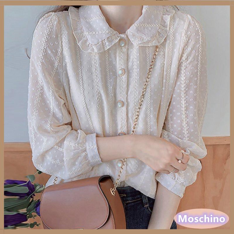  korean  style women ladies chiffon  long sleeve lapel collar 