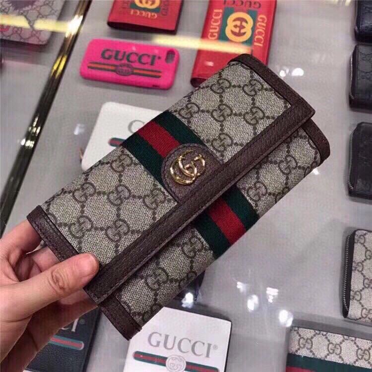 Spot GUCCI/Gucci Double G leather ladies long clip European and American retro color matching ...