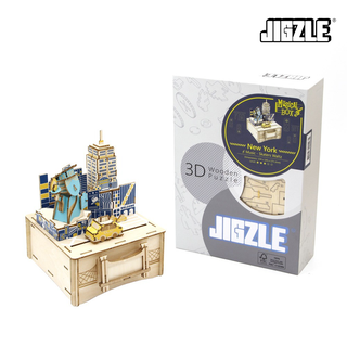 Jigzle Musical Box New York 3D Wooden Puzzle for Adults. Ki-Gu-Mi Wooden Art. Premium Music Box Gift.