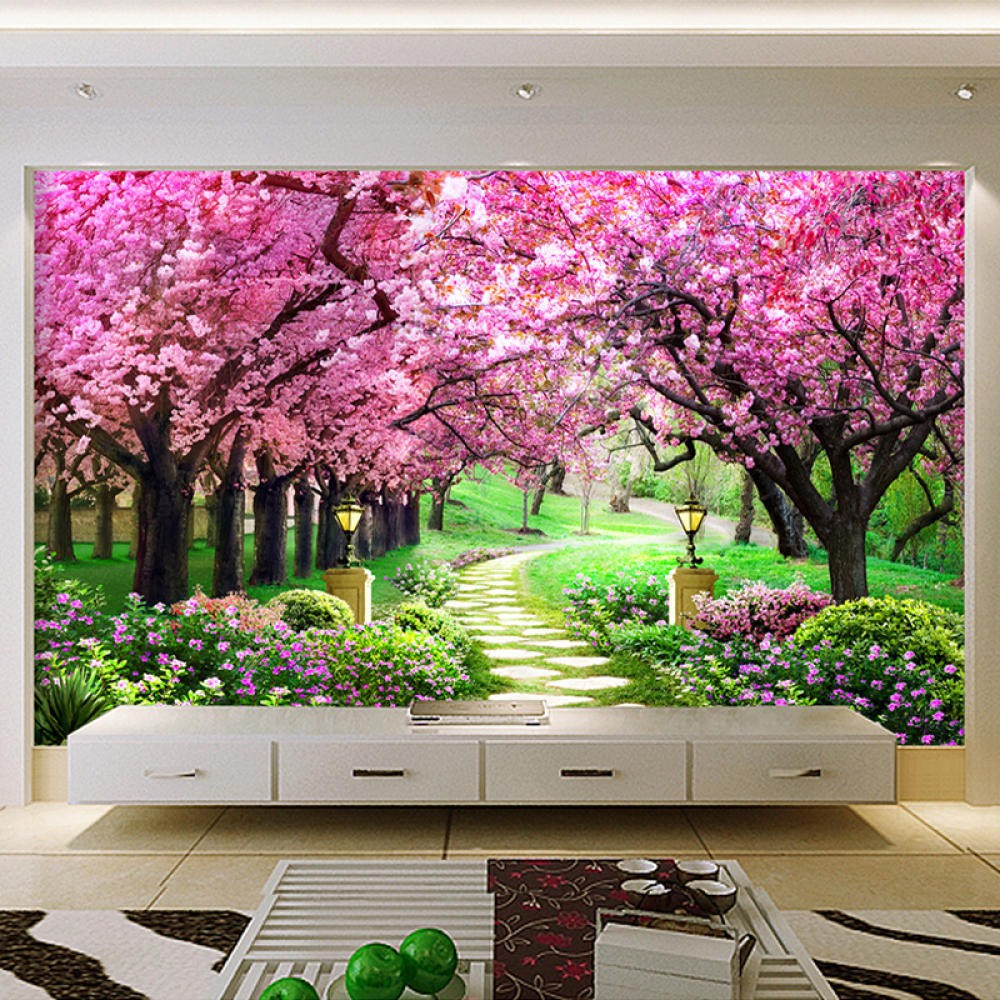 Local Seller】▧❈3D Wallpaper Flower Cherry Blossom Tree Small Road Walls  Bedroom De Parede | Shopee Singapore