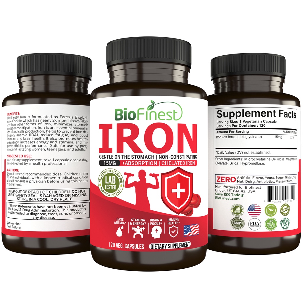 Biofinest Iron 15mg Supplement - Chelated Fast Absorption Gentler Non ...