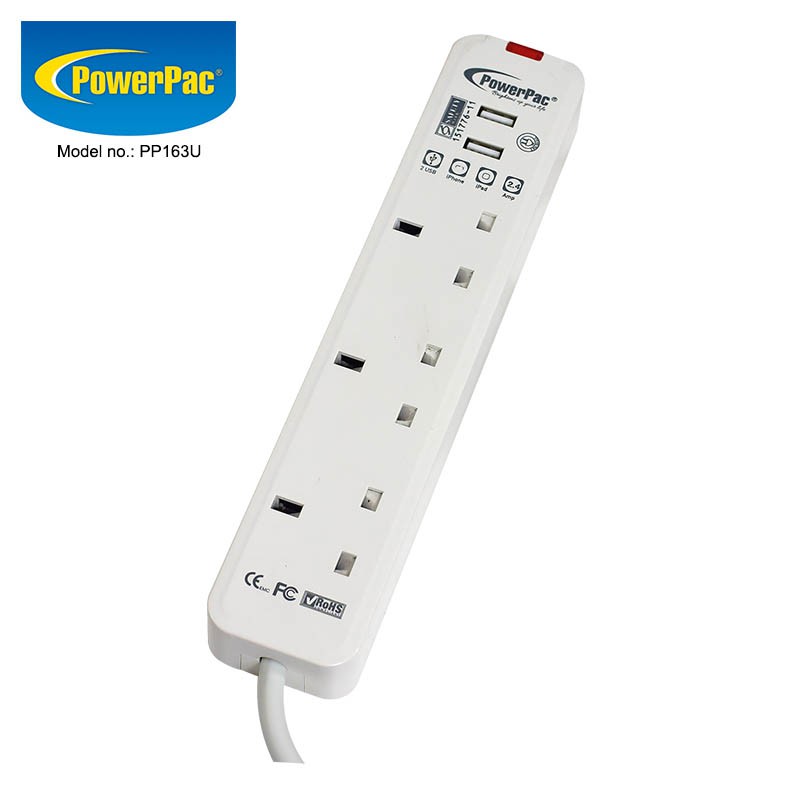 PowerPac Extension Socket, Extension Cord 3 Way 2M with 2x USB charger