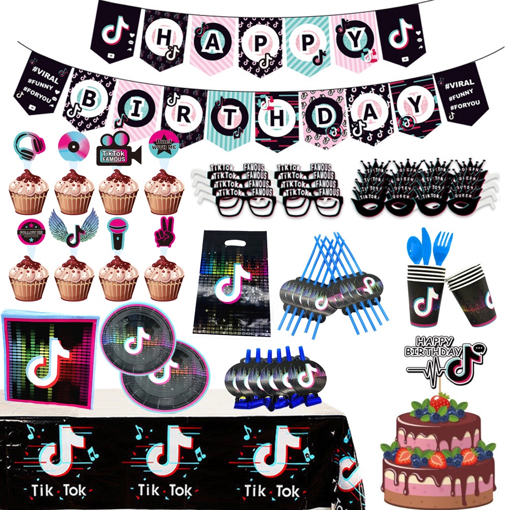 Tik Tok Theme Party Tiktok Disposable Tableware Pull Banner Gift Bag Cake Topper Foil Balloon Glasses Birthday Set Shopee Singapore